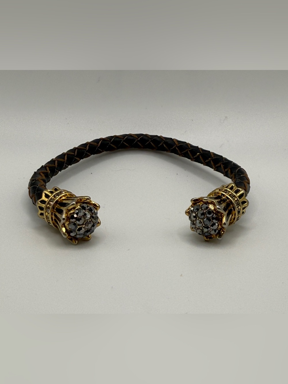 Braided Brown Leather Cuff Bracelet with Gold Floral Crystal Ends